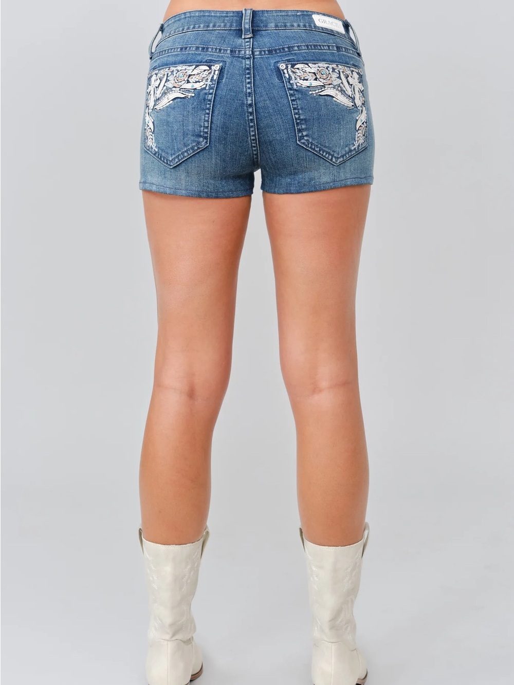 GRACE Dark Blue Denim Shorts with White & Light Blue Embroidery - Picture 3 of 4